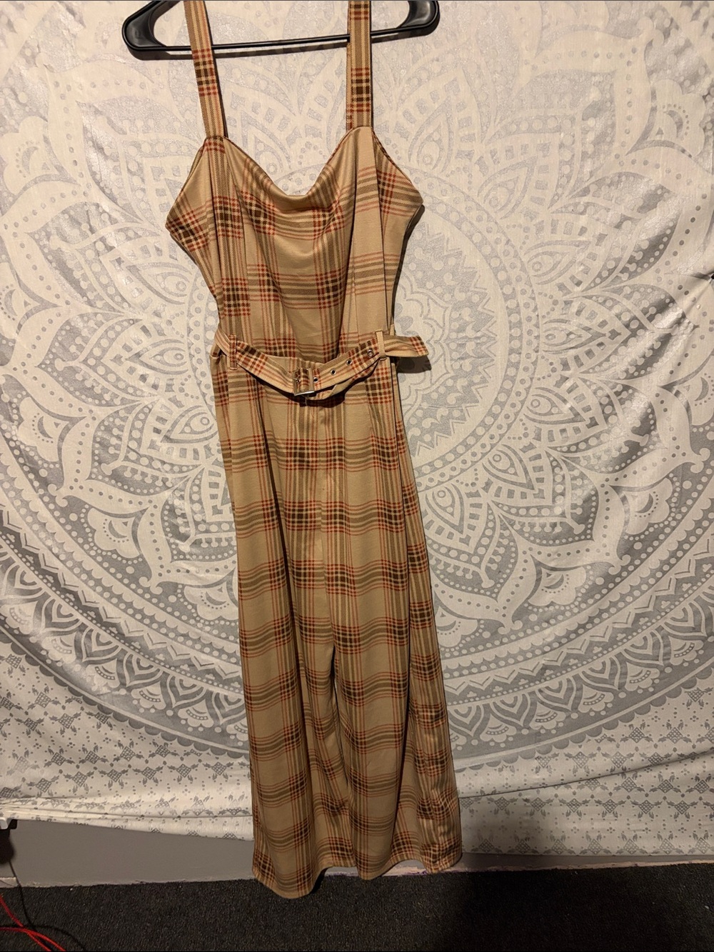 No Boundaries Plaid Belted Wide Leg Jumpsuit Cowl Neck Beige Tan XXL